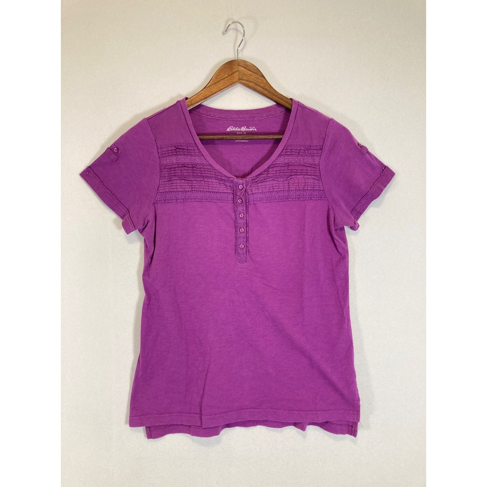 Boho Romantic Eddie Bauer Womens Medium Purple Pintuck Lace Henley Short Sleeve